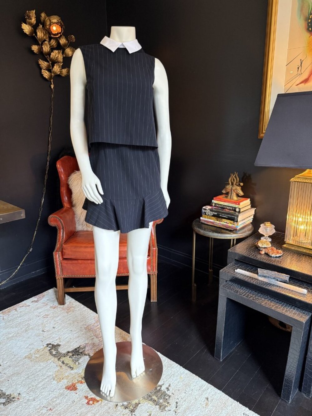 BCBGMaxAzria Black Pinstripe Collared Top & Skirt Set Sz 2